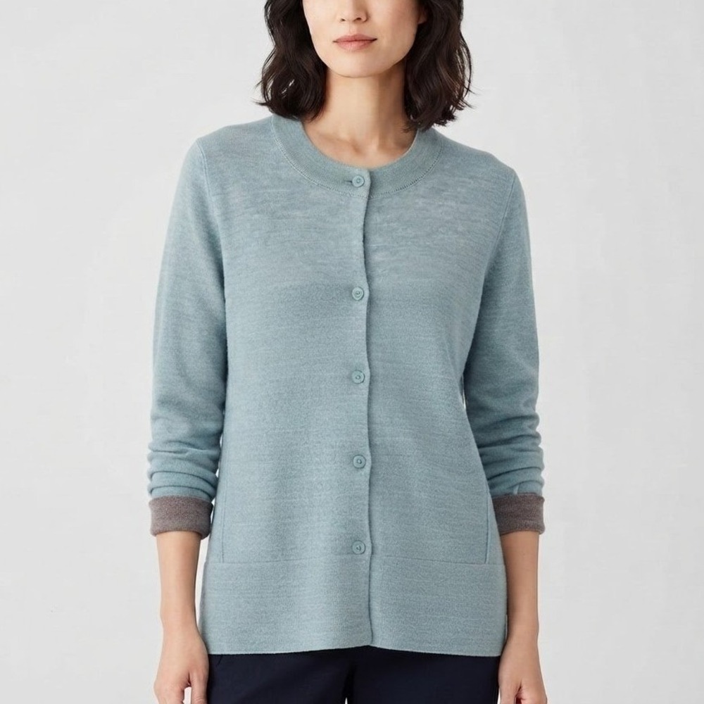 Eileen Fisher 100% Wool Button-Front Merino Cardigan Seafoam Women Size Large